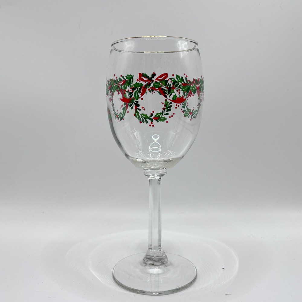 Christmas Holly Wreath Wine Glass Gold Rim Holiday Stemware Replacement